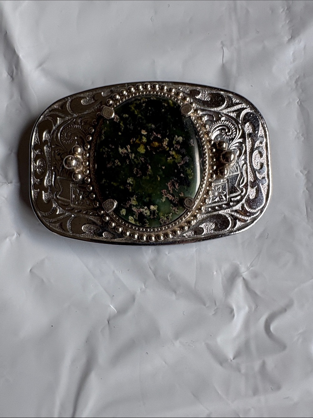 Engraved Silver-Tone Belt Buckle with Moss Agate Stone